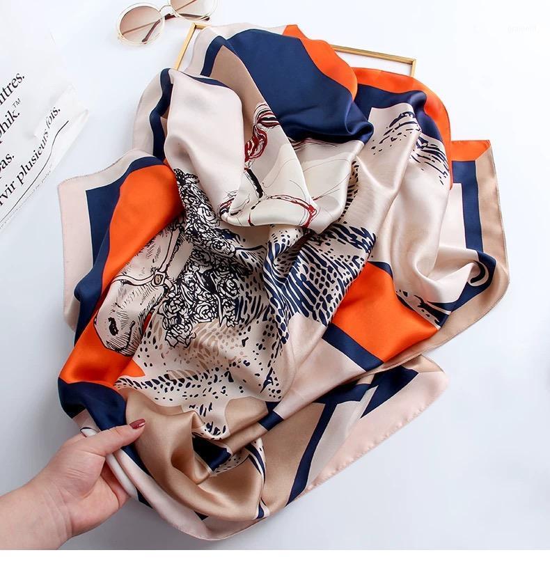 

Scarves 2021 Boutique Fashion Silk Square Scarf 90* 90cm Neck, Hair, Tie, Band, Bag, Warp, Soft Scarf, Lady, Blue;gray