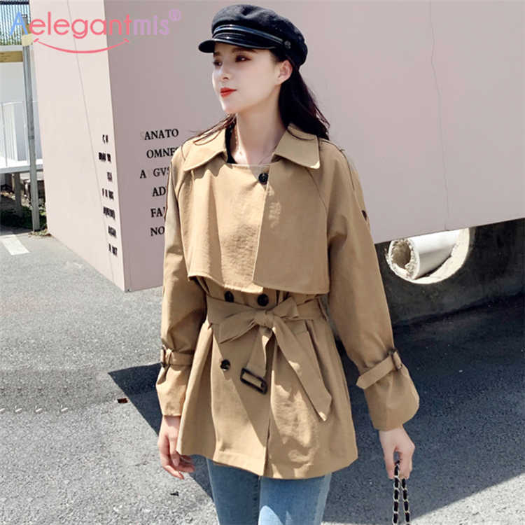 

Aelegantmis Solid Khaki Double Breasted Short Women Trench Coat Female Office With Belt Ladies Chic Windbreaker Outerwear 210607
