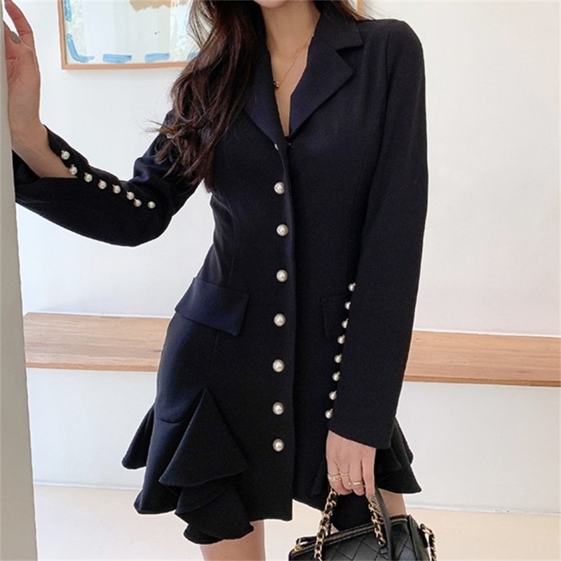 

Elegant Women Korean OL Work Dress Fashion Notched Collar Single breasted Casual Office Ruffles 210603, Picture color