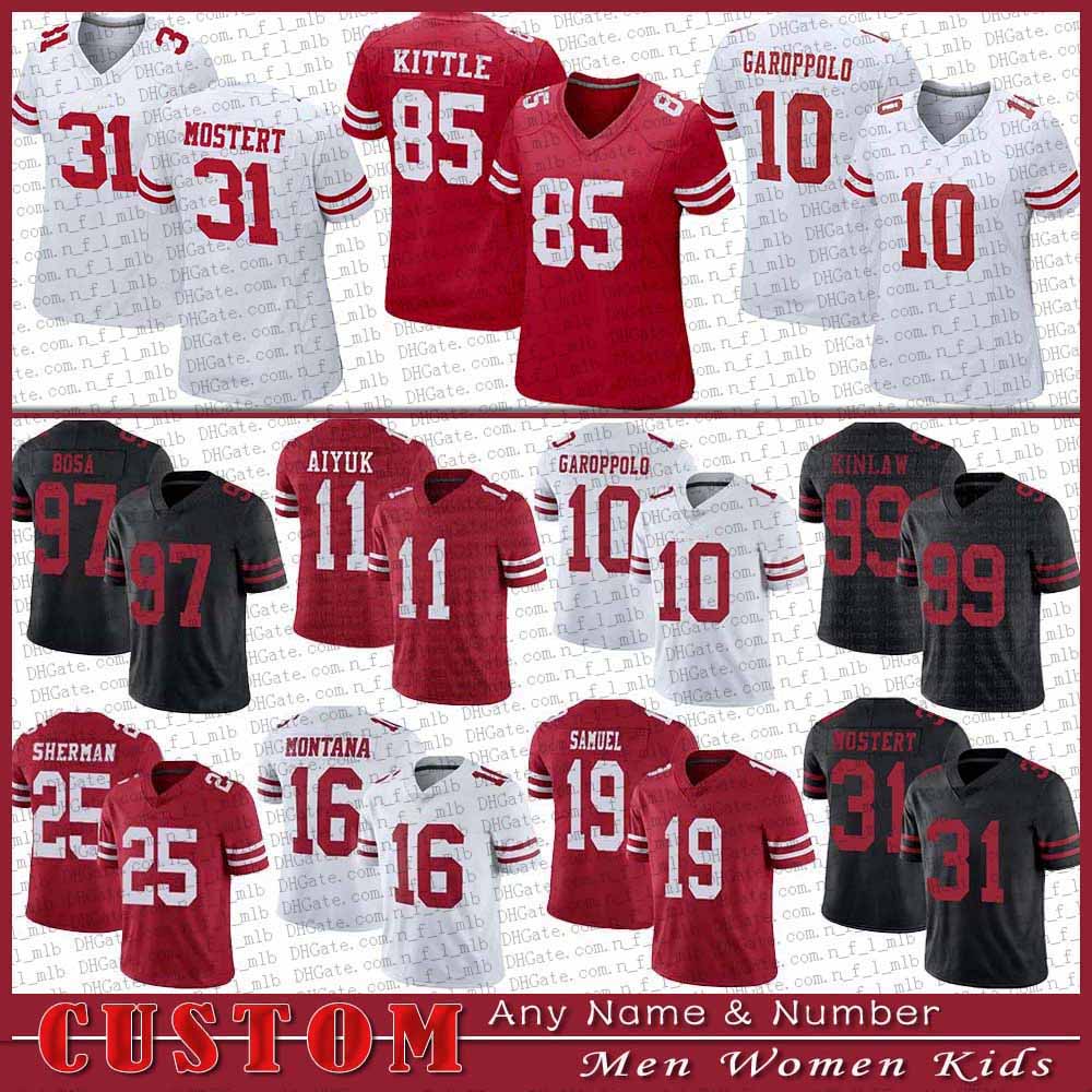 

10 Jimmy Garoppolo 85 George Kittle Football Jersey 80 Jerry Rice 31 Raheem Mostert 11 Brandon Aiyuk 97 Nick Bosa Custom Men Women Kids San Francisco 49er 49ers, Shown