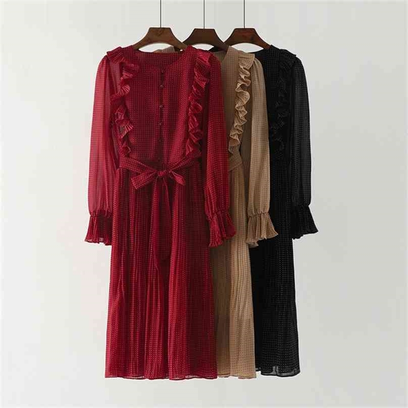 

Women Spring Chiffon Dress Long Sleeve Vintage Dot Print Lotus Leaf Pleated Robe Woman Casual Dresses 210525