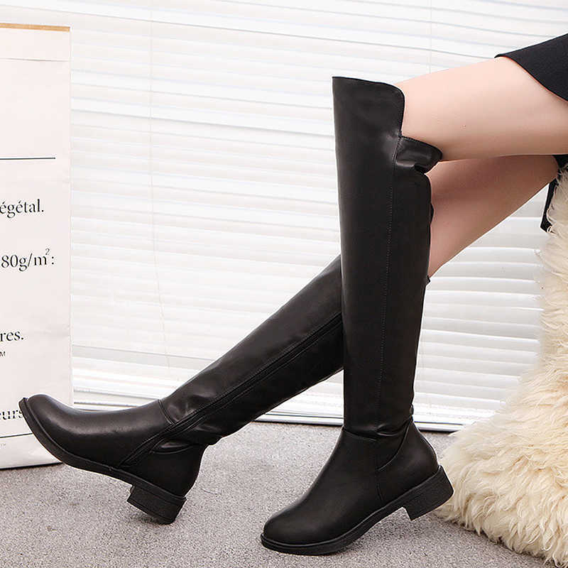 

Leather Boots Women Winter Plush PU Rubber for Warm Suede Knee High Retouch Leg Female Soft Shoes, Black suede