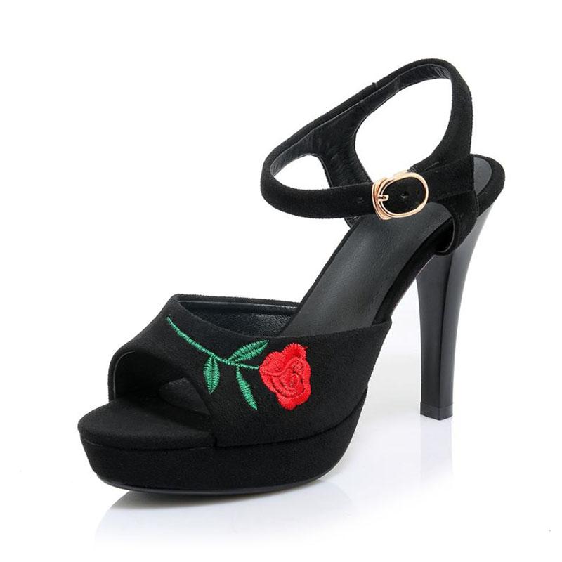 

Fanyuan Summer Women Sandals Open Toe Buckle Embroidery High Heels Shoes Daily Outdoor Club Sandals Women Shoes Size 32-42, White