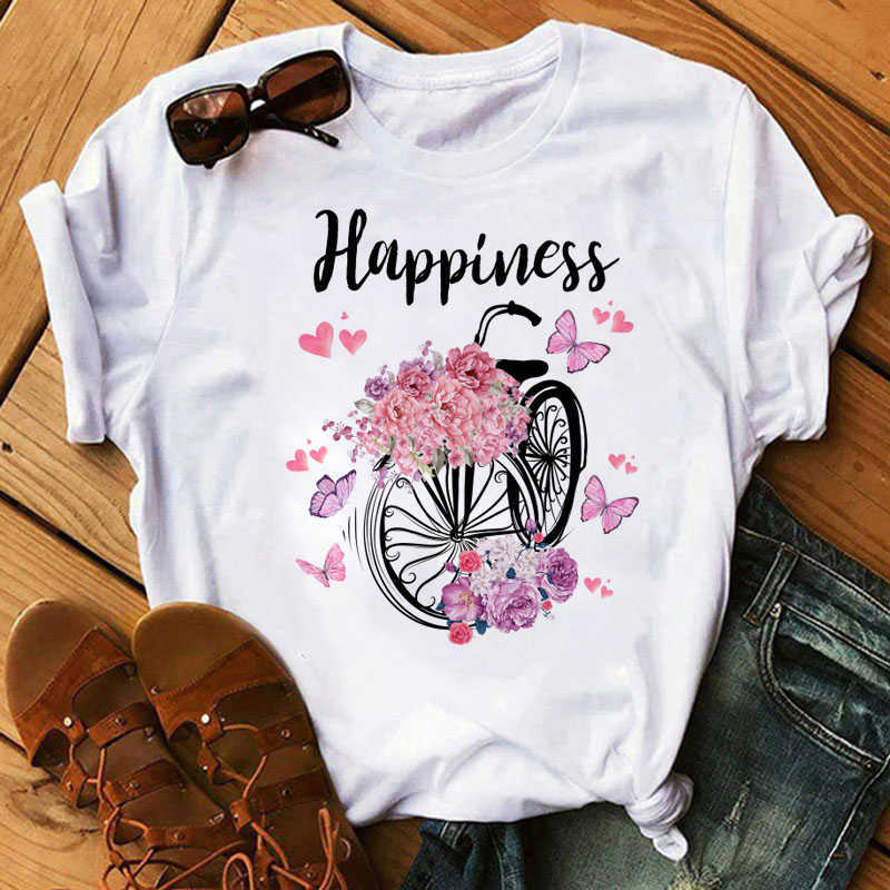 

New Fashion Women T Shirt Happiness Flower Bicycle Women Tshirt Harajuku Short Sleeve T Shirts Cartoon Casual Woman Tops Tees X0527, Wk0011