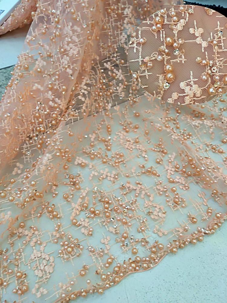 

Heavy work beaded shrimp pink French mesh African lace beads embroidery Nigeria lace is evening dress wedding high-end skirt fab