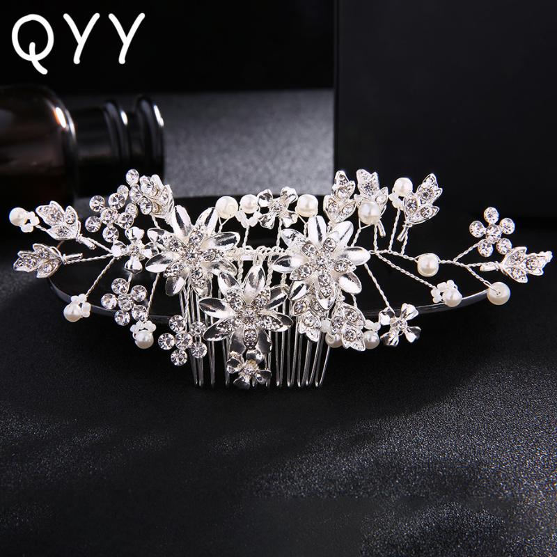 

Hair Clips & Barrettes QYY 2021 Pearls Bridal Hairpins Fashion Flower Combs Rhinestone Women Headdress Wedding Jewelry, Golden;silver