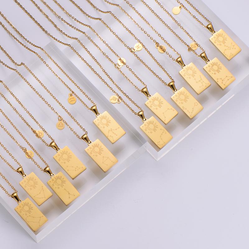 

Pendant Necklaces Stainless Steel Brand Square Card Necklace Collars 12 Constellations Gold Color Link Chains Wholesale, Silver