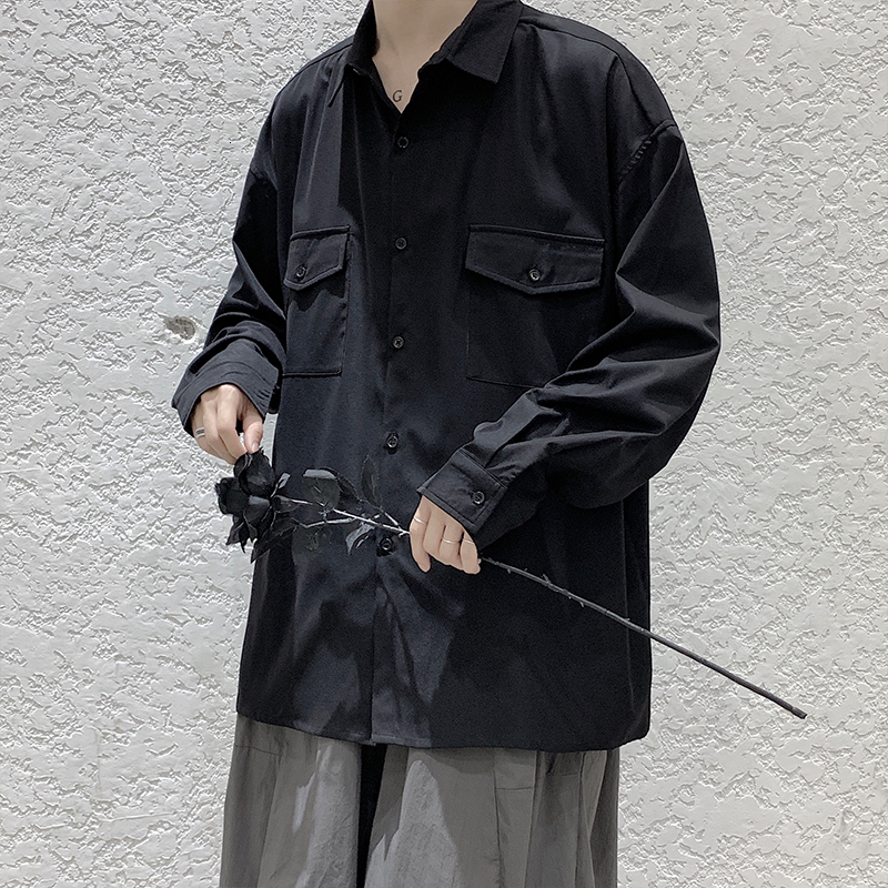 

2021 New Men's 8 Double Pocket Solid Color Long Sleeve Hawaiian Shirt Camisa Social Masculina Streetwear Shirts -5xl 942s, Black