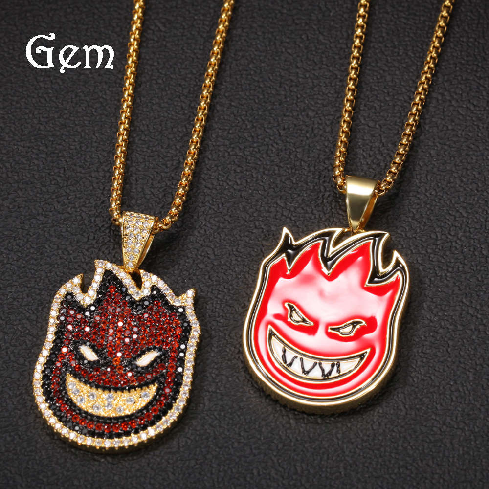 

New cartoon double-sided small fireman color zirconium Pendant Necklace Street personality hip-hop trendy men's accessories