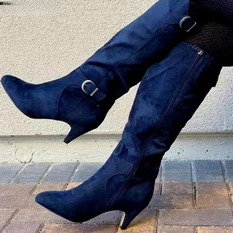 

Boots Arrivals Women Fashion Faux Suede Knee High Spike Heels Pointed Toe Zip Design Casual Modern Botas De Mujer, Black