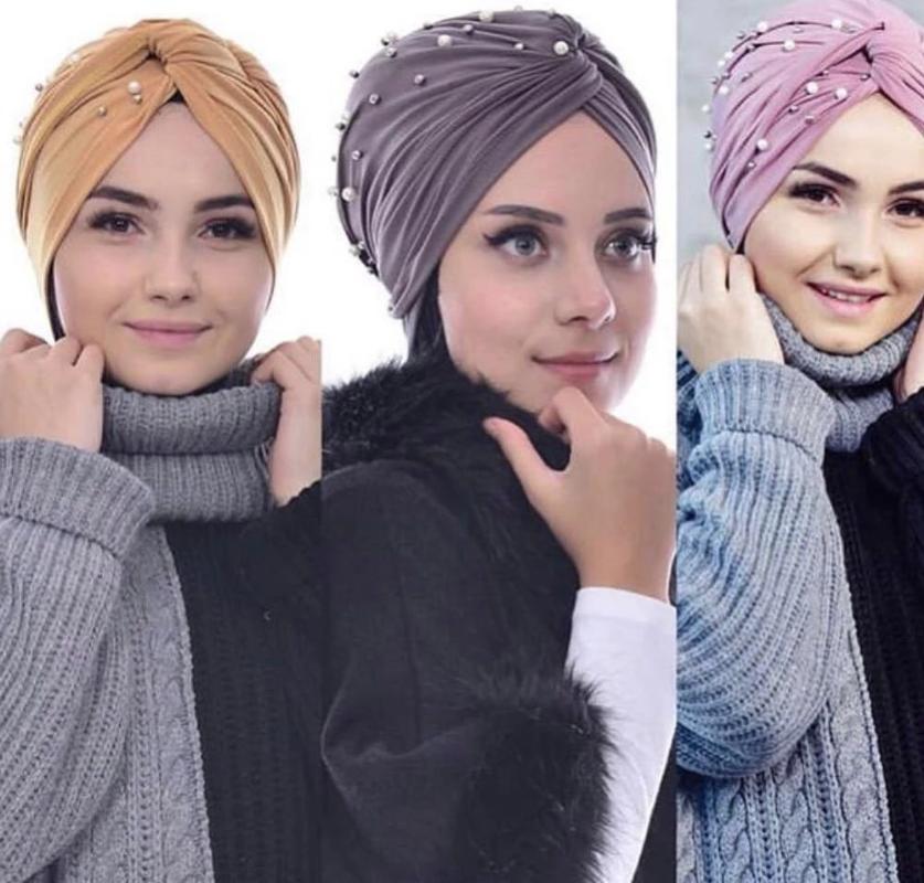 

Scarves 2021 Fashion Women Twist Hijab Caps Muslim Beading Turbante Mujer India Hat Hijabs Scarf Head Wrap Stretch Turban Bonnet