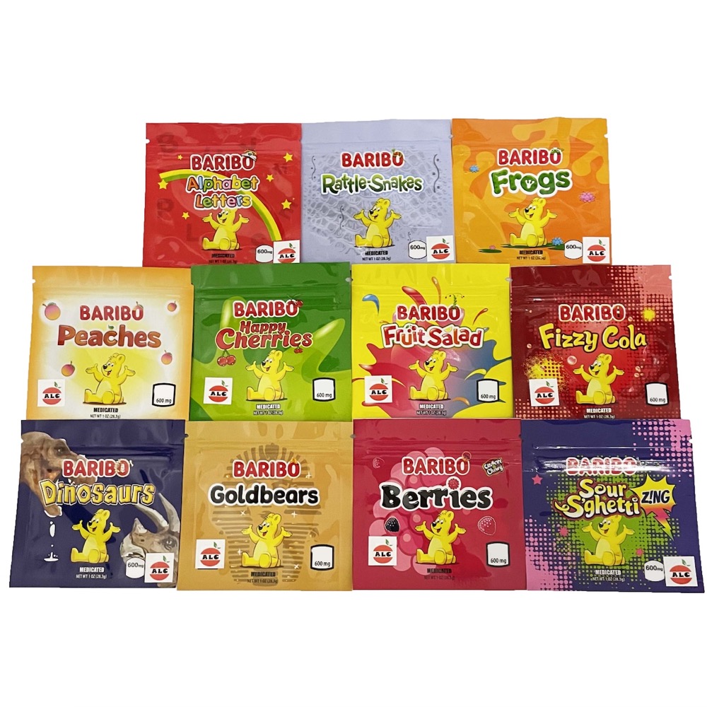 

medibles BARIBO bears edibles mylar bags 3 side sealing plastic packaging 11 flavors gold fizzy cola caribo happy berries frogs dinosaurs