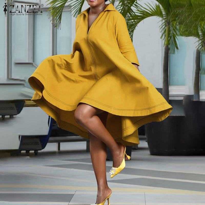 

Womens Summer Lapel Dresses ZANZEA Party Casual Robe Female Vintage Pleated Vestido Oversize Elegant Solid Knee Length Dress p0809, Black