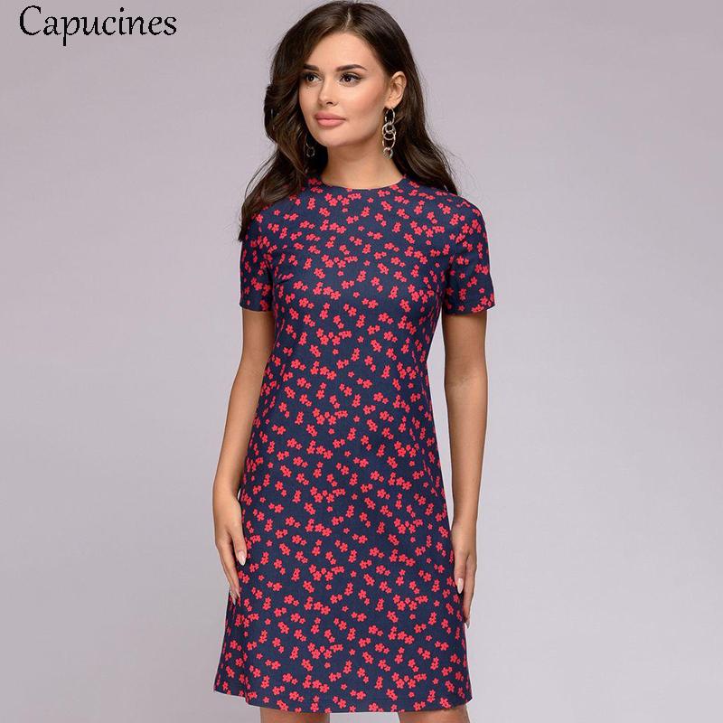 

Casual Dresses Capucines Simple Style Printed Straight Mini For Women Round Neck Short Sleeve Summer Dress Office Work Wear, As pic