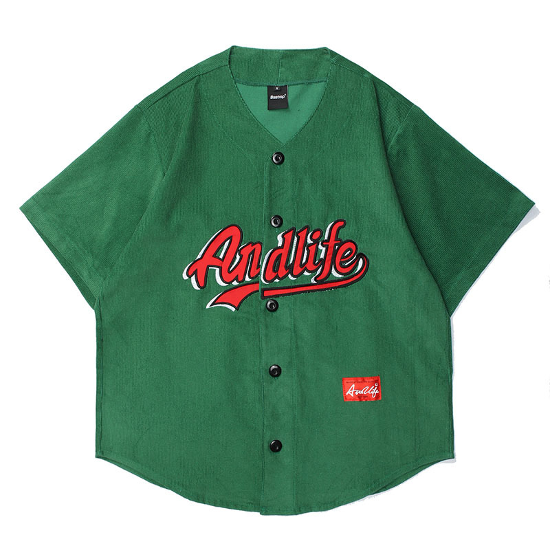 

2021 New Corduroy Spliced Embroidered Baseball Short Sleeve Tshirts Men and Women v Neck Oversize Casual Summer t Shirt Anvh, Green