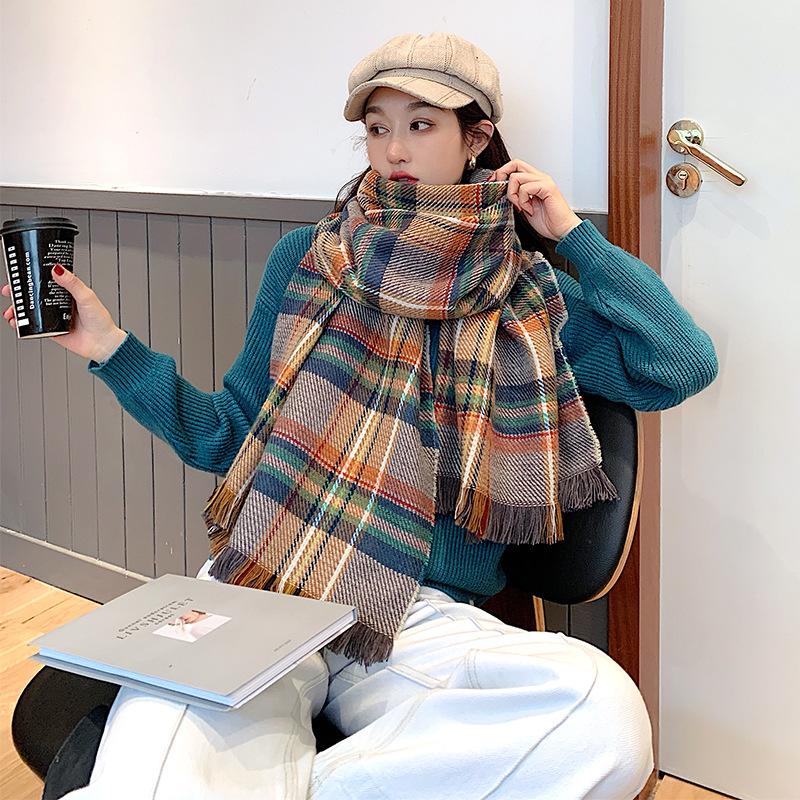 

Scarves 2021 Women Autumn Winter Thick Warm Scarf Plaid Tassel Scarfs Female Knitted Wool Stole Wrap