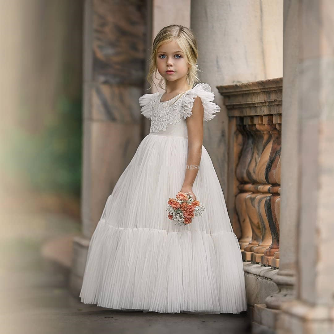 

Lace Princess Flower Girl Dresses For Wedding Appliqued Pageant Gowns Pleated Floor Length Tulle First Communion Dress, Same as image