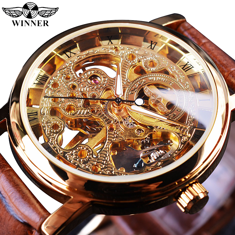 

Winner Transparent Golden Case Luxury Casual Design Brown Leather Strap Mens Watches Top Brand Luxury Mechanical Skeleton Watchg, Win358-5