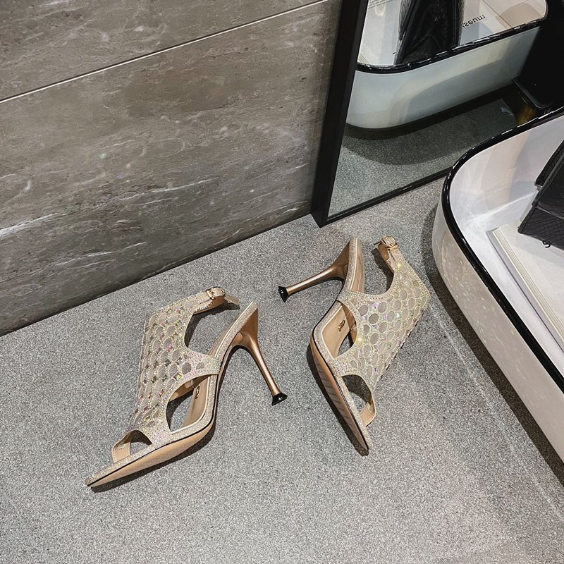 

2023 fashion European and American rhinestone high heel sandals women 2021 summer temperament stiletto open toe trend hollow cool boots