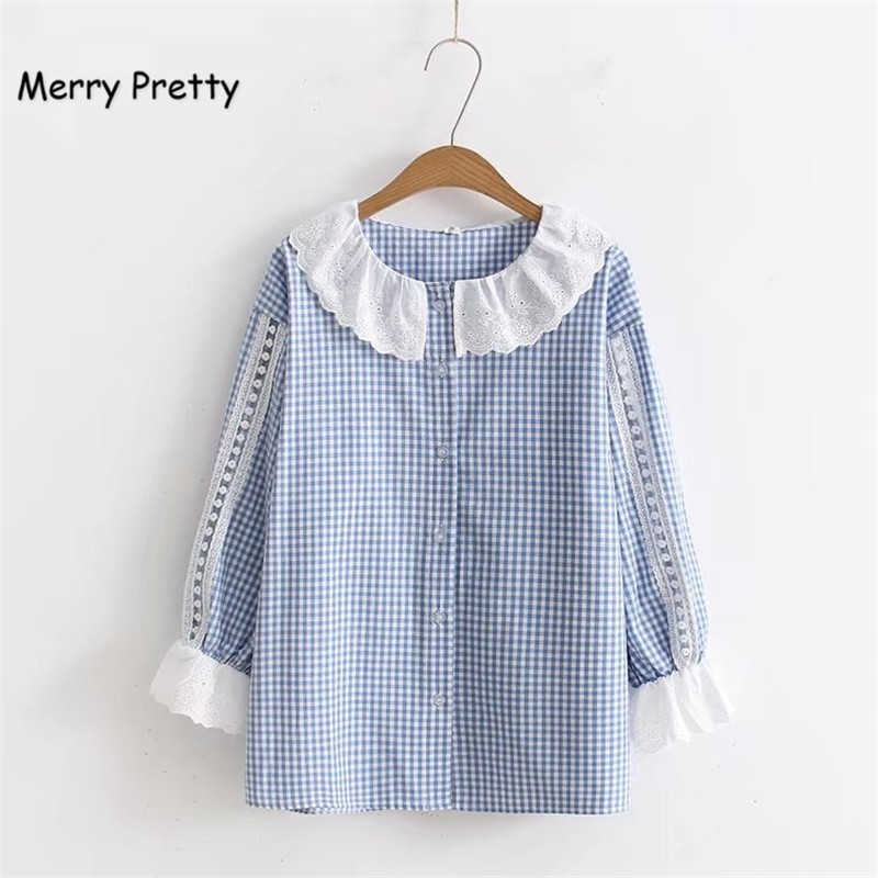 

Merry Pretty Women Sweet Plaid Shirt Flare Sleeve Lace Peter pan Collar Cotton blouses Female White Basic Cute Chic Tops Blusas 210526, Blue