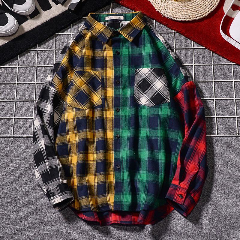 

New Style Vintage Plaid Mannen Shirts for Men 2021 Fashion Patchwork Long Sleeve Mens Oversized Shirt Tops Clothing Koszula B274, Multi