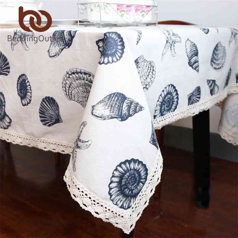 

BeddingOutlet Linen Cotton Tablecloth Shell Ocean Printed Cover Mediterranean Cloth Rectangular 9 Sizes Sale 210626, White