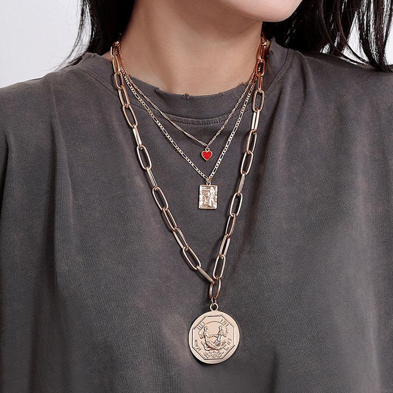 

Pendant Necklaces Vintage Multilayer Thick Chain Geometric Figure Heart Necklace Women Exaggerated Round Square Jewelry XR2823
