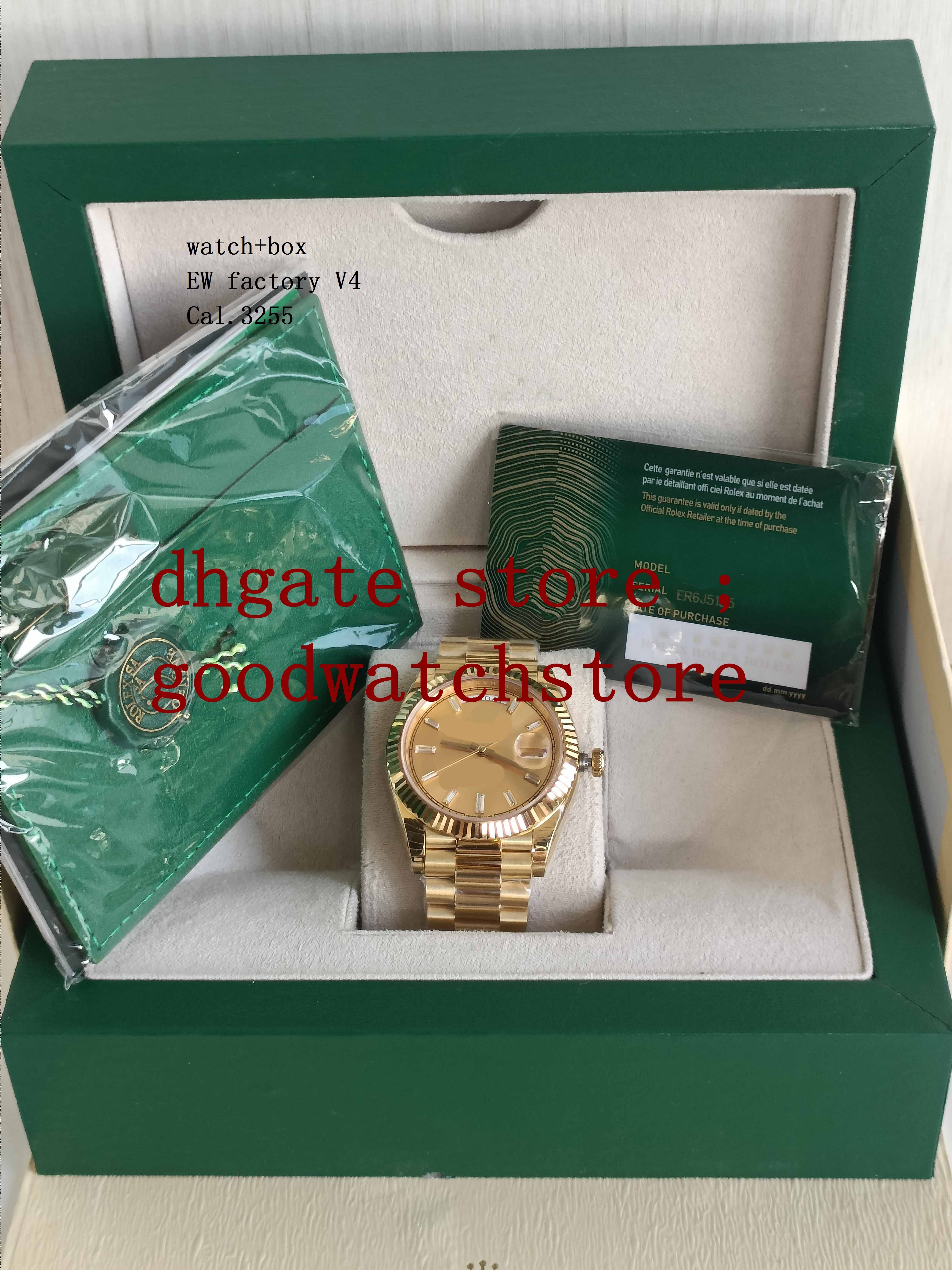 

2021 BOX EW factory V4 Men Gold dial Automatic Cal.3255 Wristwatches 40mm Diamond Watch Eta Perpetual superative Date Crystal 316l 18k Bracelet Watches Swimming