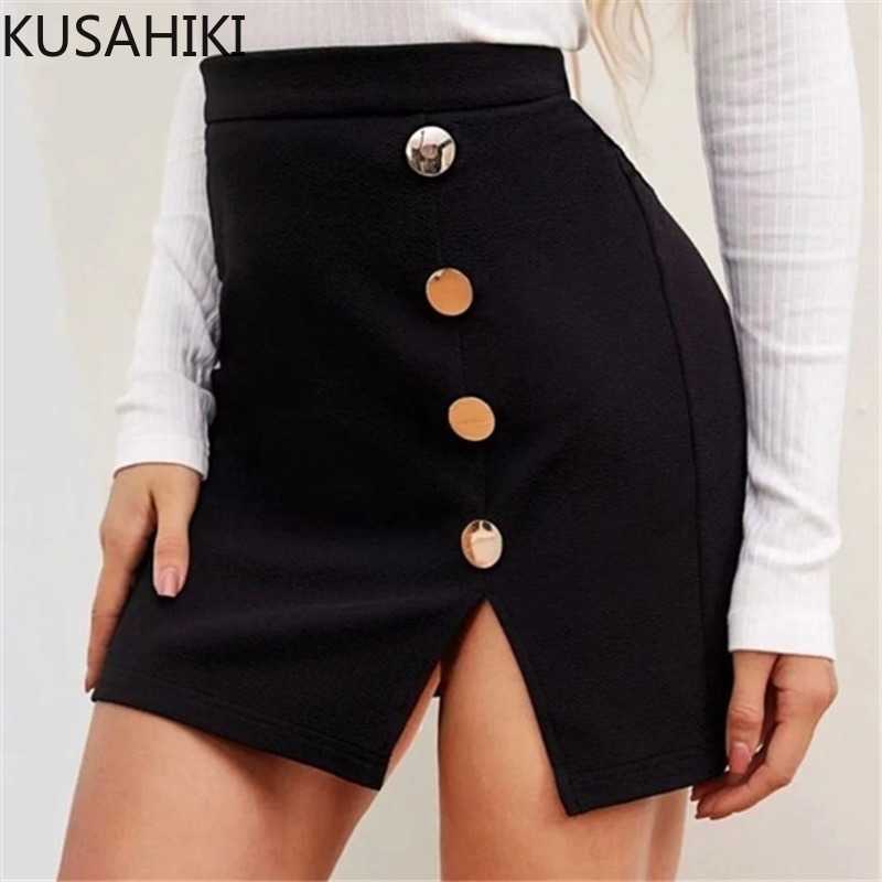 

Spring Skirts Sexy Slim Split Women Skirt Causal Korean Buttons Mini Bottoms Mujer Faldas 6E577 210603, Black