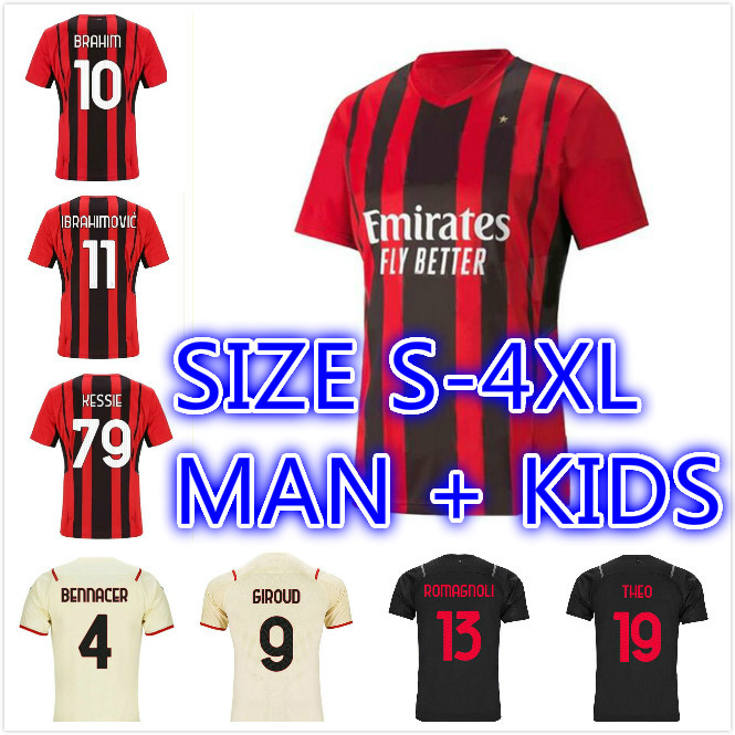 

milan Third GIROUD Soccer Jerseys Home Away 2021 22 IBRAHIMOVIC THEO ROMAGNOLI Maillots De Foot KESSIE BRAHIM TONALI AC BENNACER Football Shirt kit Size S-4XL, Kids size