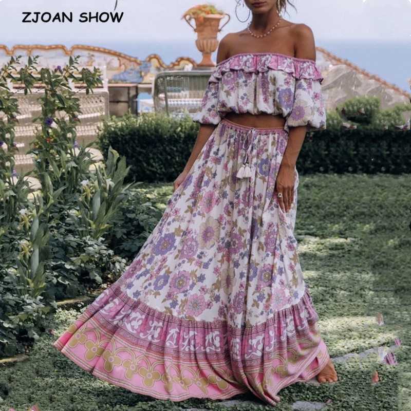 

Bohemia Ruffle Elastic Slash neck Floral Print Pullover Shirt Women High Waist Maxi Long Skirt Pink Holiday 2 Pieces Set 210708, Shirt only
