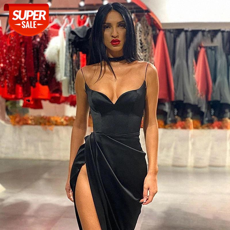 

hirigin Spaghetti Straps Black Sexy Backless Midi Dresses Gown Party Club Sleeveless Bodycon Split Dress Vestidos Solid #Aq6y, Black;gray