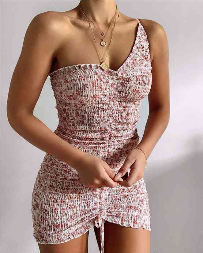 

women one shoulder indi ruched mini dress in beige floral holiday female mini dress, White