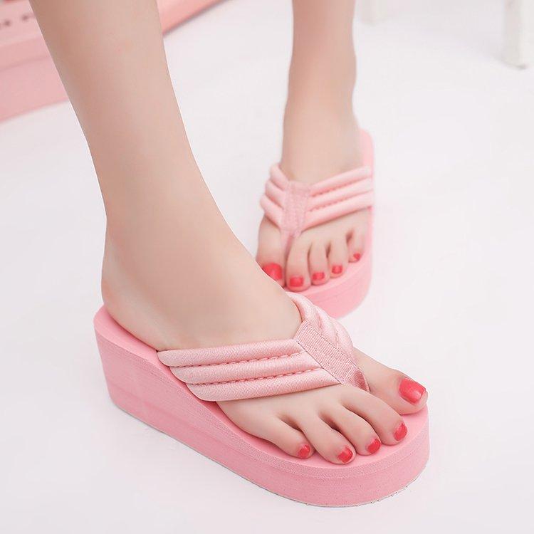 

Slippers 2021 Arrival Women Chunky Sandals High Heels Wedges Flip Flops Lady Pure Color Water Taiwan Summer Shoes Plus Size 40, Beige