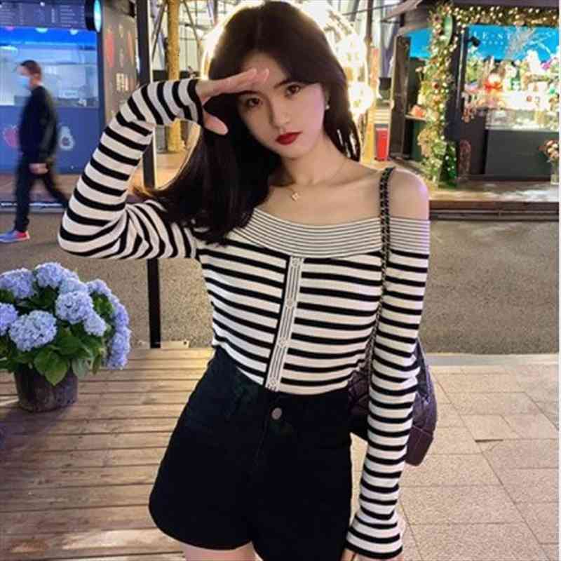 

spring fall sweet women slash neck striped knit bottoming femme students pullovers long sleeve short sweaters stock, White;black