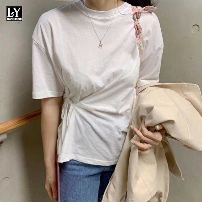

LY VAREY LIN Summer Women Casual Solid Color T-shirts O-neck Lace Up Short Sleeve Tops Office Lady Slim T-Shirts 210526, White