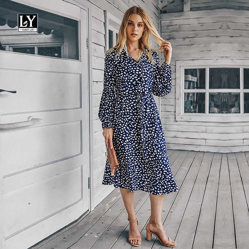 

LY VAREY LIN Autumn Elegant Print Dresses Women Loose Long Sleeve Sash Tie Up Single Breasted Casual Ladies Midi Dress 210526, Yellow