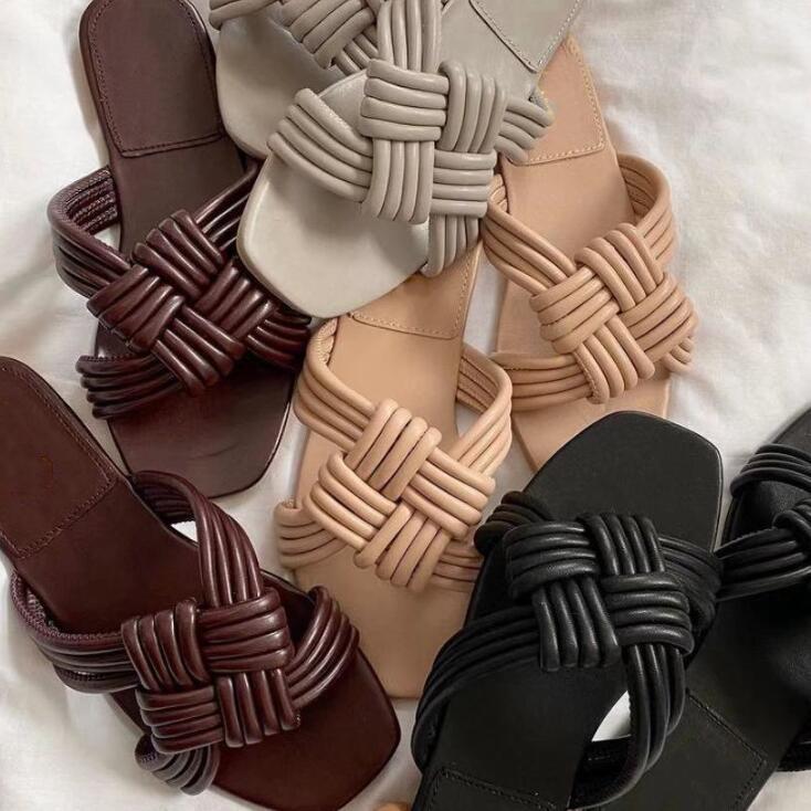 

Spring/summer 2021 sexy women sandals new braided belt knotted flat beach non-slip slippers home durable flip flop, Gray