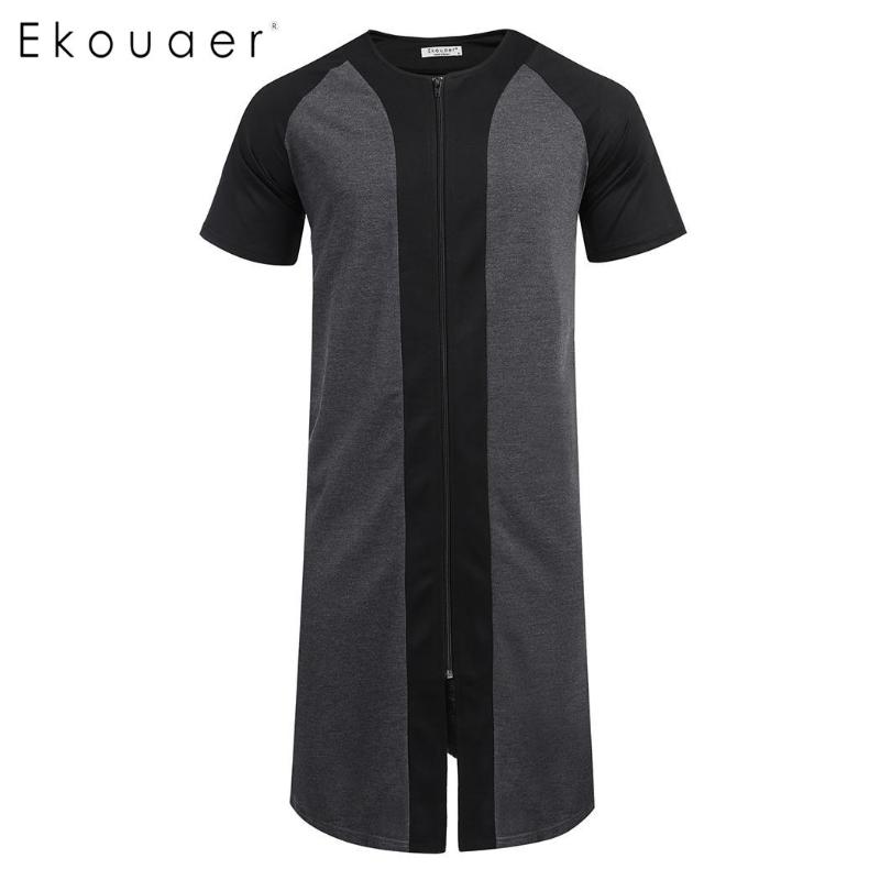 

Men' Sleepwear Ekouaer Men Summer Robe Nightwear Patchwork O Neck Short Sleeve Knee Length Zipper Nightshirt Male Homewear, Black