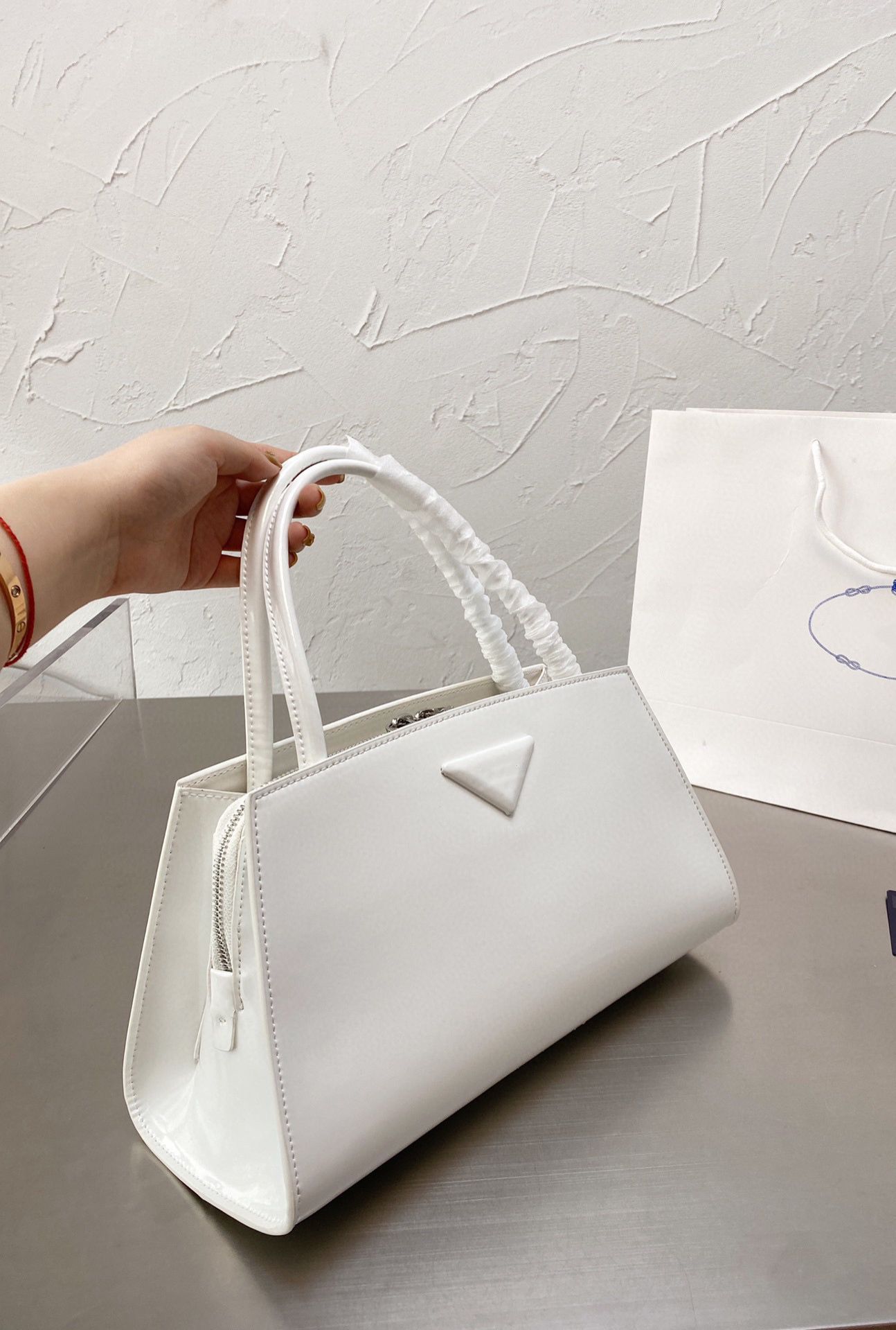 

New foreign style simple killer leisure briefcase women's Smooth hand cowhide triangle label Handbag Tote Bag, White