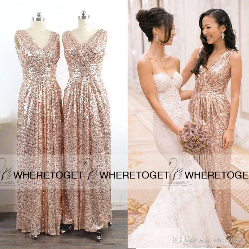 Champagne V-neck Long Bridesmaid Dresses 2019 Real Image Wedding Party Gowns Brilliant Spring Luxury Sequins Cheap Under 100