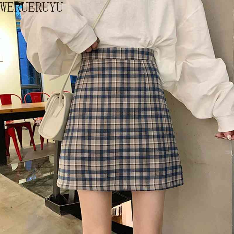

WERUERUYU high-waist houndstooth skirt women's short skirt all-match midi skirt 210608, Photo color