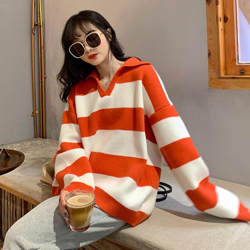 

Women's Sweaters Loose Casual Japan Style Lapel Striped Pullovers Sweater Women Long Sleeve Knitted Shirts Top Pull Femme Autumn Sueters Muj, White;black