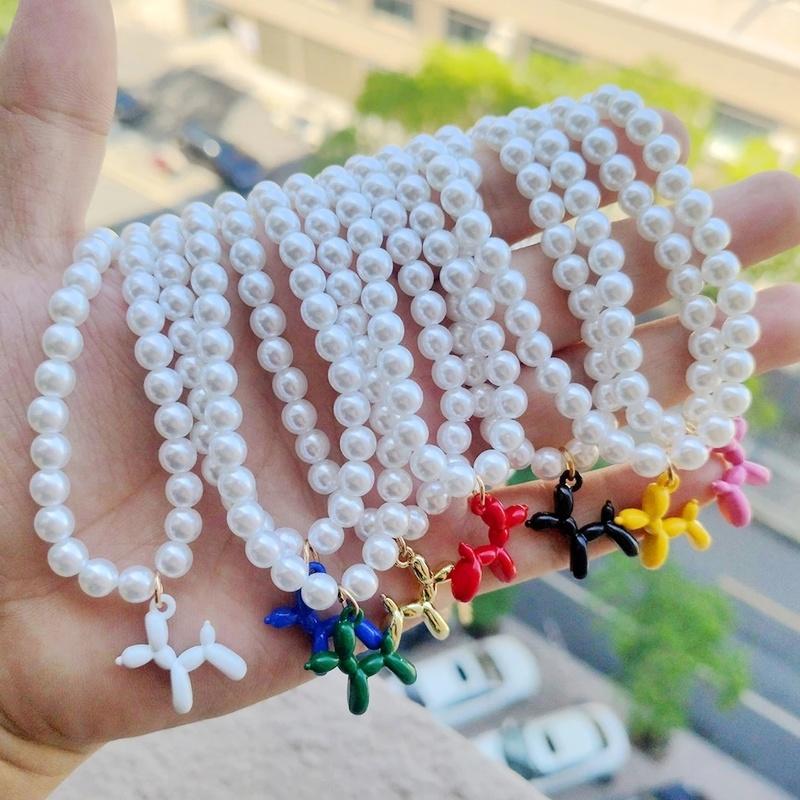 

Pendant Necklaces Color Alloy Poodle Balloon Dog Animal Pearl Beaded Necklace Puppy For Women Girls Y2k Jewelry Gift, Silver