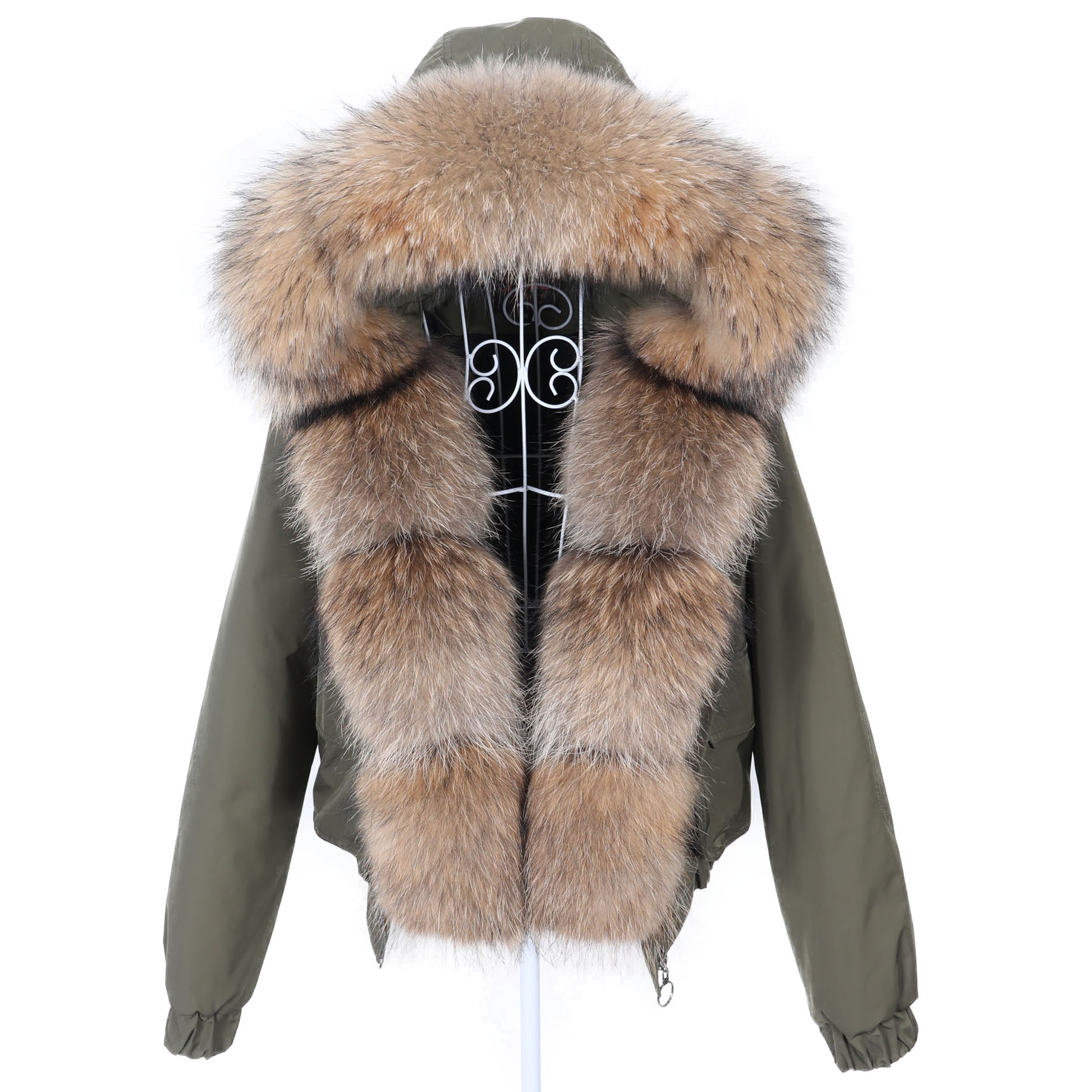 

short style brown raccoon fur trim closing women snow parkas maomaokong down fill lining army green bomber nylon mini jackets, Choose the model