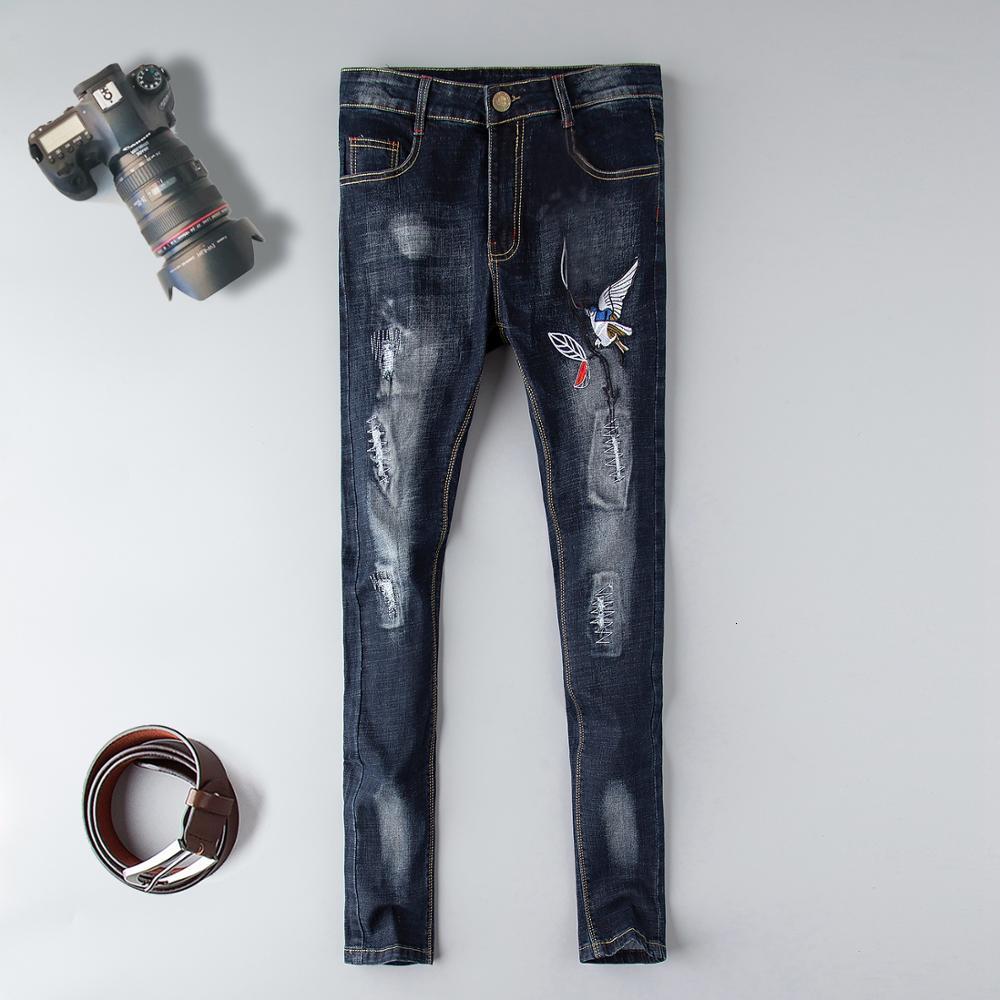 

2021 New Brand Men's Distressed Hollow Out Pants Oiled Old School Washed Ripped Jeans Denim Ny Blue Destroyed Vk8a