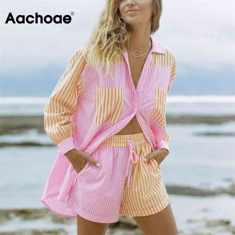 

Aachoae Fashion Patchwork Cotton 2 Piece Set Women Long Sleeve Pockets Shirt With High Waist Shorts Striped Print Holiday Sets 210721, Pink shorts