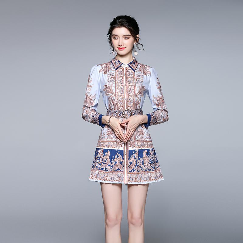 

Casual Dresses Paisley Printed Runway Mini Dress Women 2021 Autumn Retro Lantern Sleeve Office Lapel Slim Button Shirt Sexy Party Frock, Black