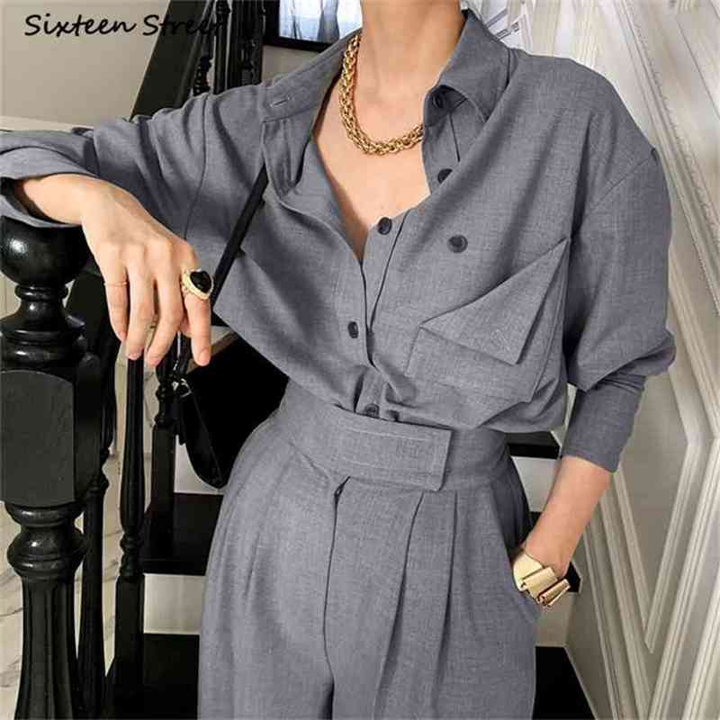 

Chic Suit Pants Woman 2 Piece Sets Spring Gray Single-breasted Blouse + Wide-legged Trousers Office Lady Business Autumn 210603, Clear