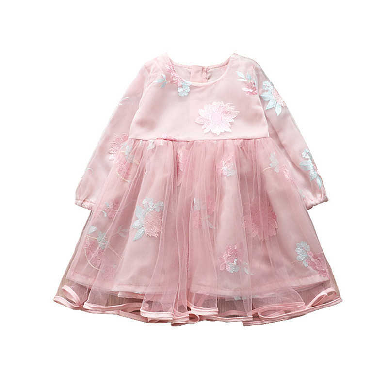 

0-6 years High quality girl dress spring fashion flower full sleeves kid children clothing princess dresses 210615, Pink